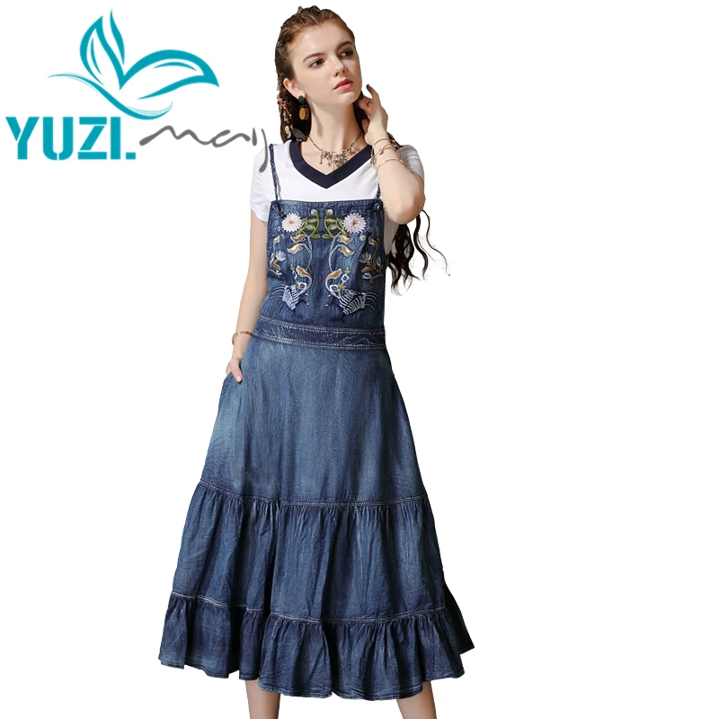 Летнее платье 2019 Yuzi.may Бохо новые джинсовые женские платья с цветами вышитая