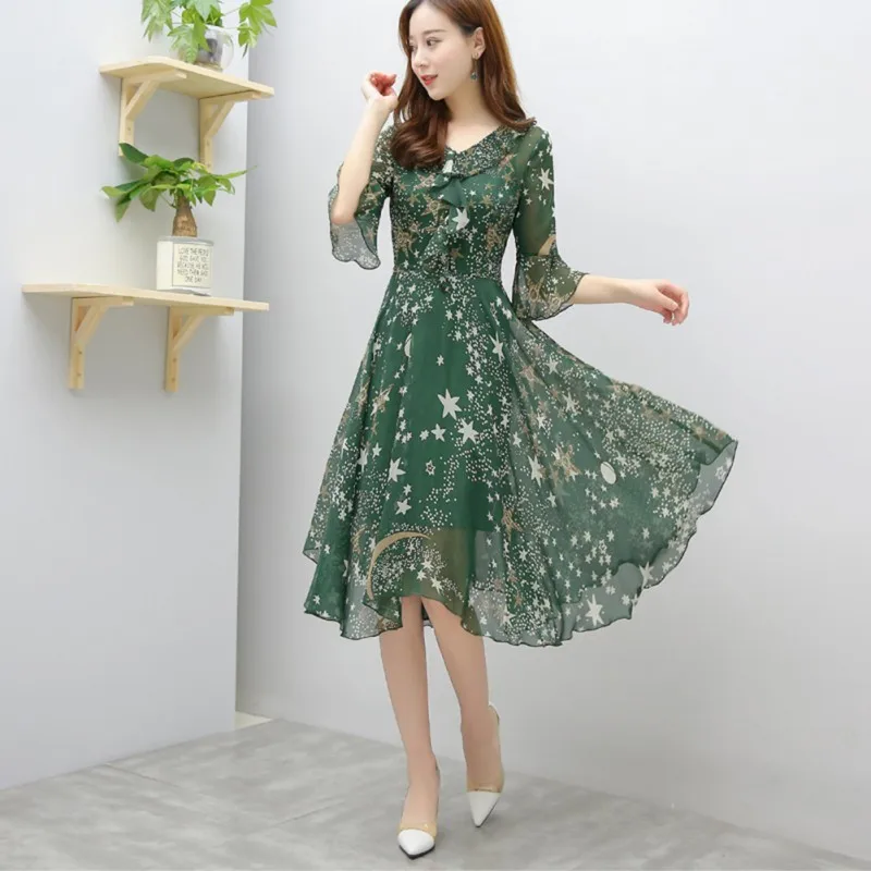 

2019 Summer Women Boho Flare Half Sleeve Dress Casual Beach Starry Sky Print Dress Femme Chiffon A Line Turn-down Neck Vestido
