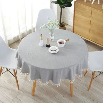 

Japanese Style Simple Color Cotton and Linen Tablecloth Round Plain Solid Color Light Gray and Blue Tassel Table Cloth
