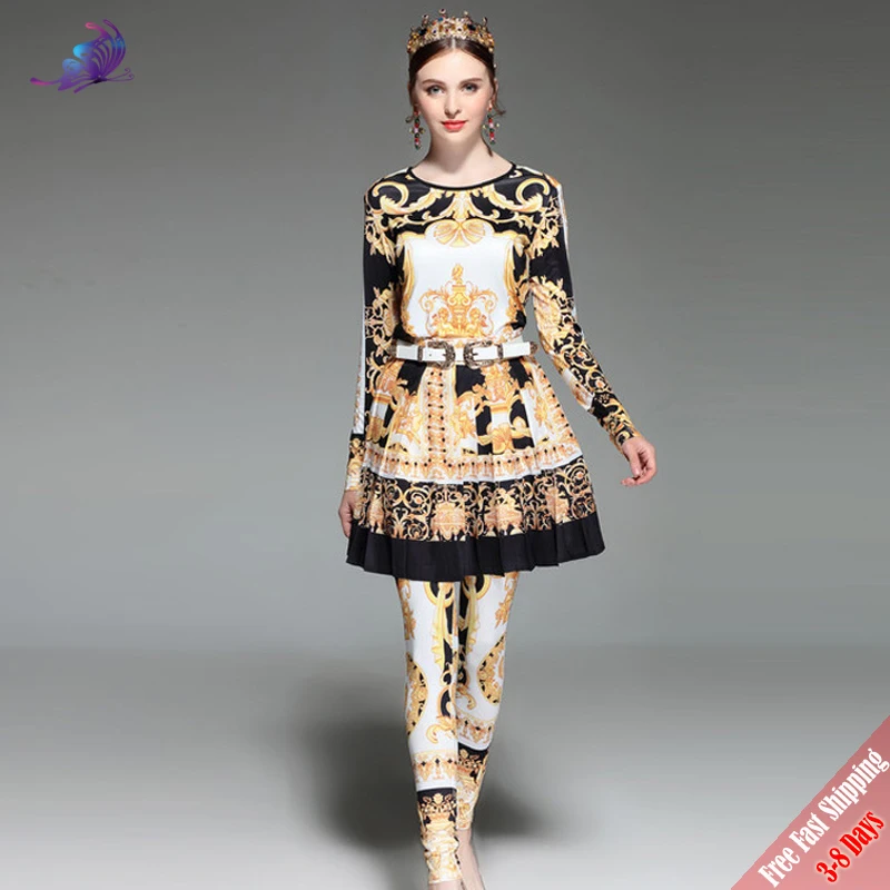 

2018 Fashion Runway Designer Suit set Women's Long Sleeve Vintage Printed Shirt Tops + Pleated Skirt +Long Pants Set 2019
