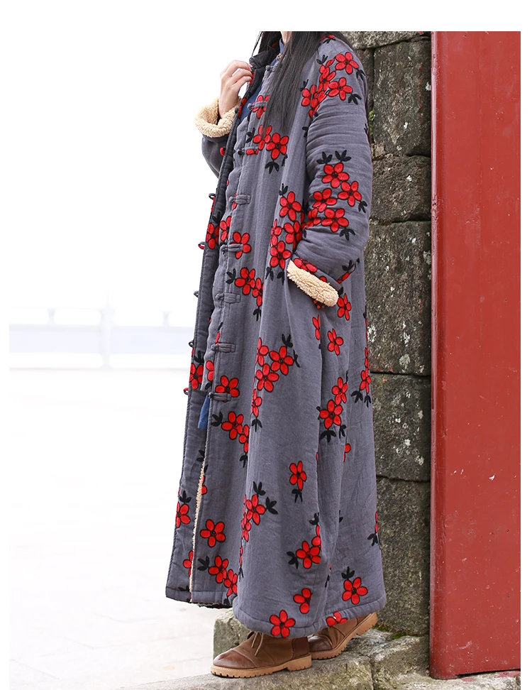 LZJN Women's Chinese-Style Floral Embroidered Trench Coat, Maxi Loose Overcoat, Windproof Fleece Jacket, for Autumn and Winter