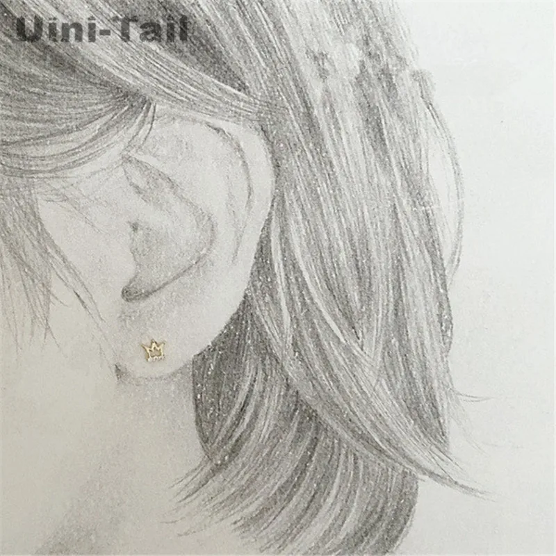 Uini-Tail 2019 new listing 925 sterling silver cute delicate gold small crown micro-set earrings fashion sweet and niche design - Image 4