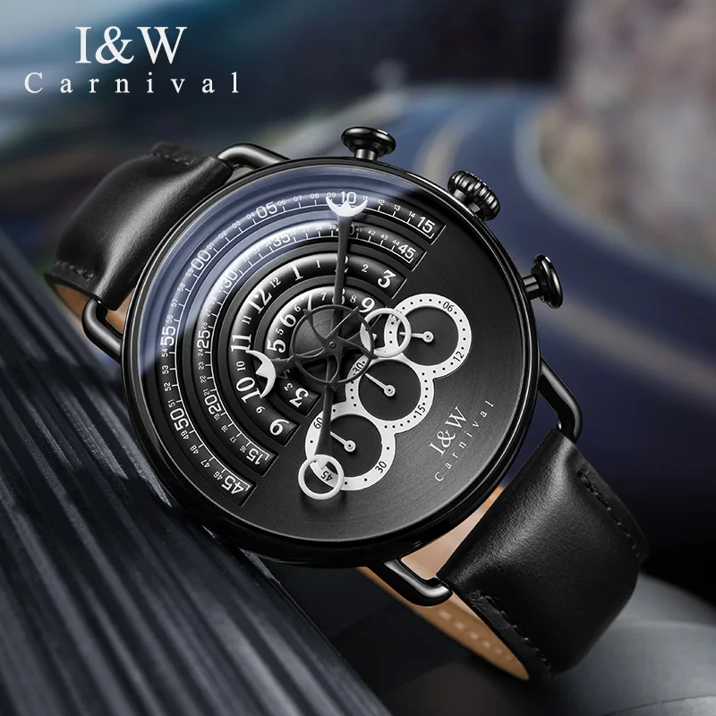 CARNIVAL I& W Avant Sport BigDial кварцевые мужские часы TopBrand Роскошные стимпанк сапфировое зеркало черная кожа водонепроницаемый Montre