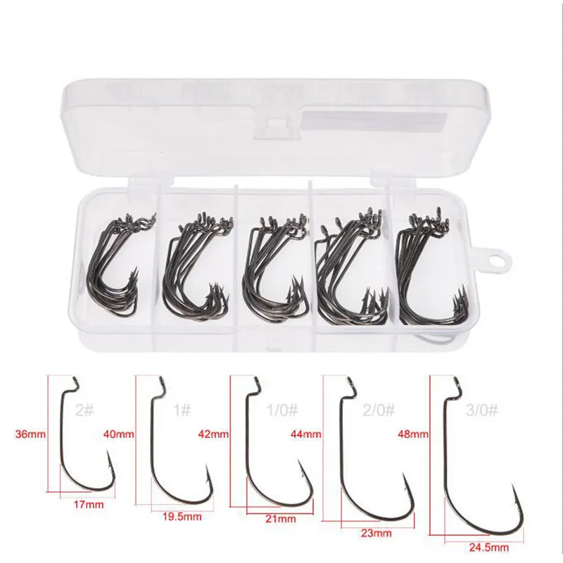 50pcs/lot Sea Hooks Fishing Box Jig Offset Hook 2#-3/0# Carp Snap Fishing  Big Hooks Tackles Accessories Soft Worm Fishhook