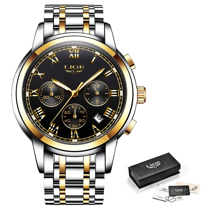 LIGE мужские часы Топ люксовый бренд полная сталь водонепроницаемые спортивные кварцевые часы для мужчин модные часы с хронографом Relogio Masculino - Цвет: Gold black S