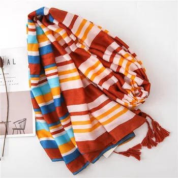 

KYQIAO women striped scarf female autumn spring Japanese style fresh brief long stripes hijab scarf t Muslim Hijab Sjaal Head