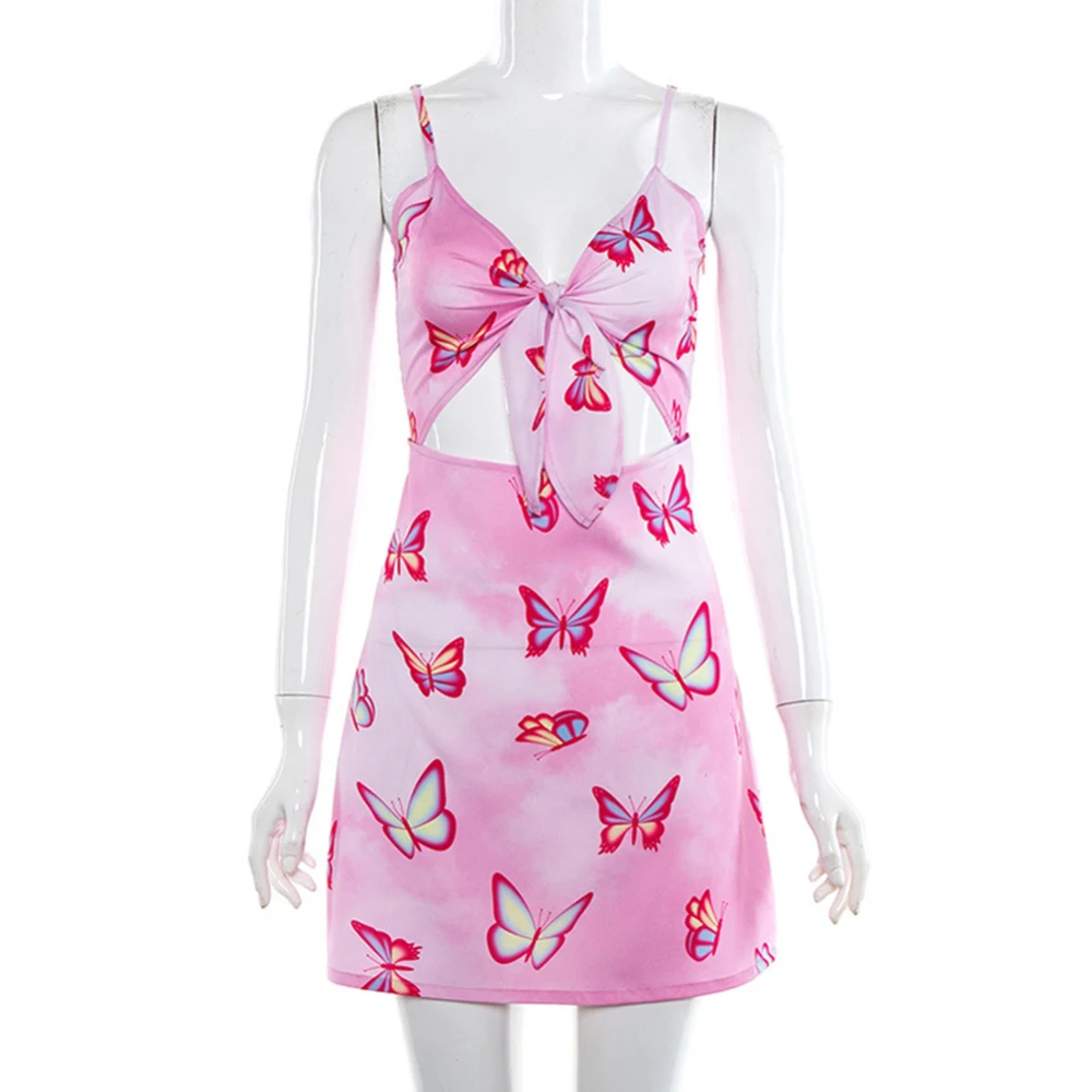

Lovely Sweet and romantic Summer Hollow Mini Backless Dress Butterfly Print Women Sexy Club Party Off Shoulder Dresses