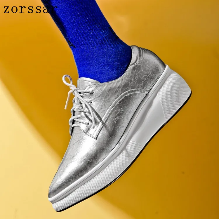 

2019 New Spring women flat platform sneakers shoes Genuine Leather casual shoes Lace Up flats creepers moccasins Plus Size 34-42