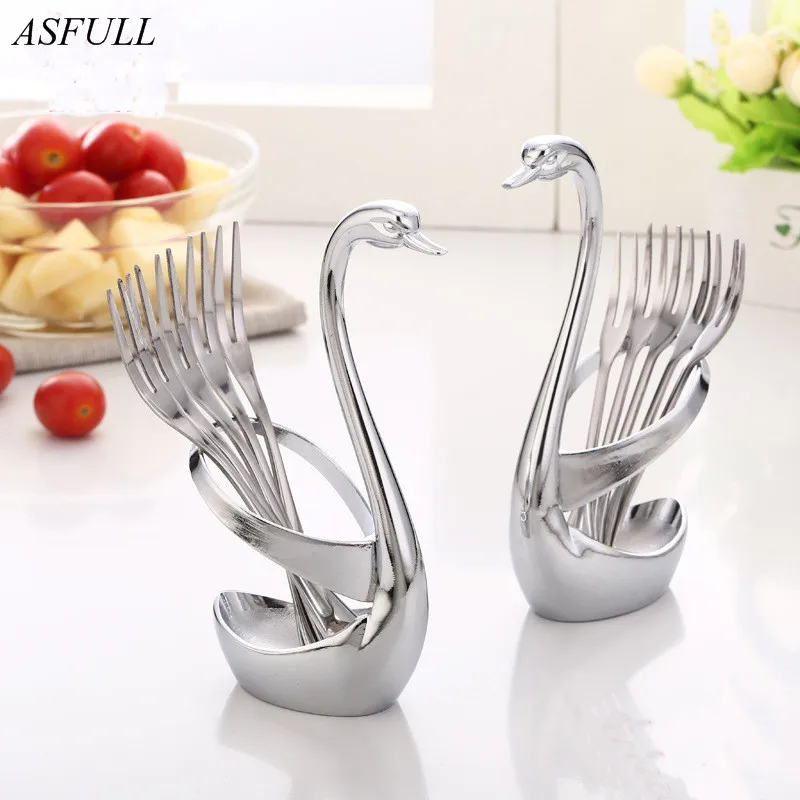 

ASFULL Creative Kitchen Storage Cutlery Holder Metal Swan Seat Fork Spoon Tableware Racks Kitchen for Organizer Fruit Cake