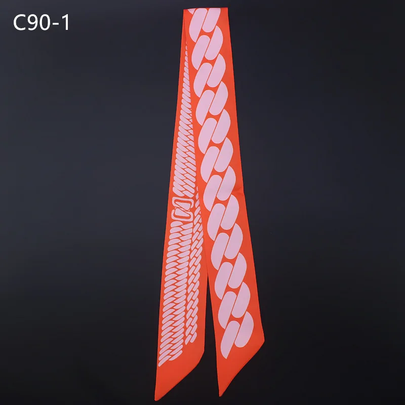 Women Foulard Luxury Brand Fashion Chain Geometric print Skinny Small Bag Twill Silk Scarf Ribbon Head Hair Handle Tie Scarf 3