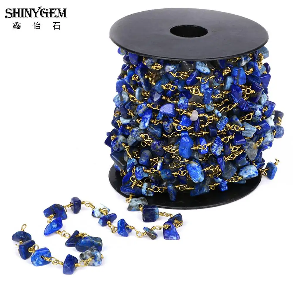 

ShinyGem Lapis Lazuli Chips Stone Bead Chain Gold Plating Copper Chain Handmade Stone Rosary Chain For DIY Jewelry Making 5M/Lot