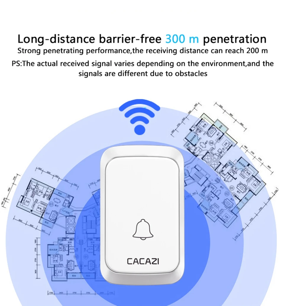 CACAZI домашний водонепроницаемый беспроводной дверной звонок Кнопка светодиодный беспроводной звонок 300 м дверной звонок ЕС штекер 4 громкости дверной Звонок