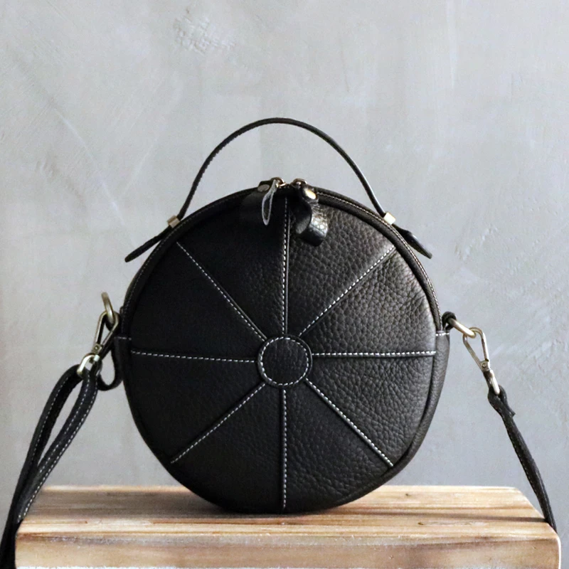 

WOONAM Natural Genuine Calf Leather Bag Fully Handmade Small Satchel Handbag Creative Round Cross-body Bag WB527
