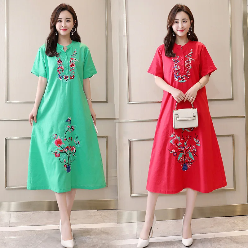 

Free shipping women embroidery loose dress mid-long round collar short sleeve dress 2019 summer new dress