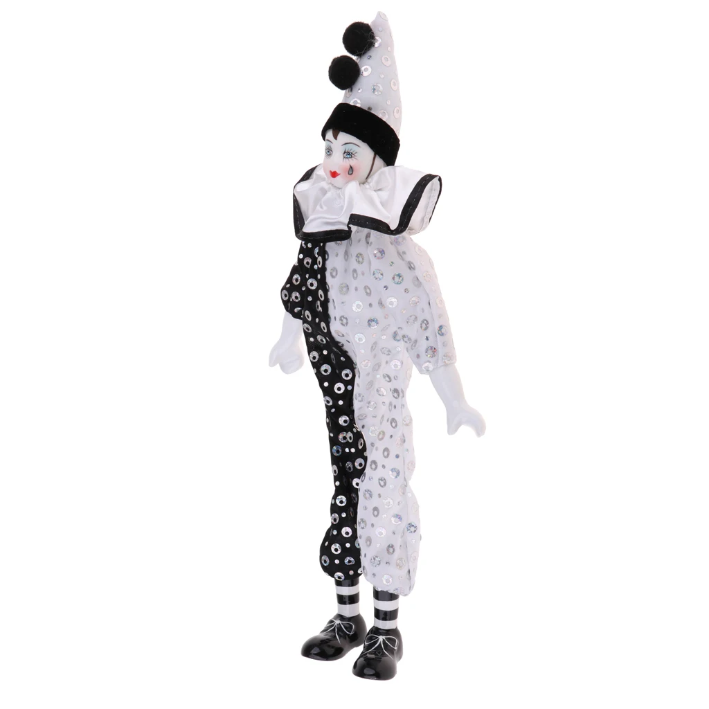 38cm Porcelain Hanging Foot Clown Doll Harlequin Doll Home Office Desk Shelf Display Ornaments Black & White