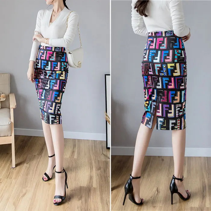 

ATKULLQZ Personality letter print bag hip skirt spring and summer new 2019 temperament slim skirt open knee-length women skirt