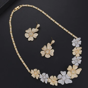 

New Wedding Jewelry Set Flower Shape Necklace Stud Earrings Full Micro Cubic Zirconia Sets For Women