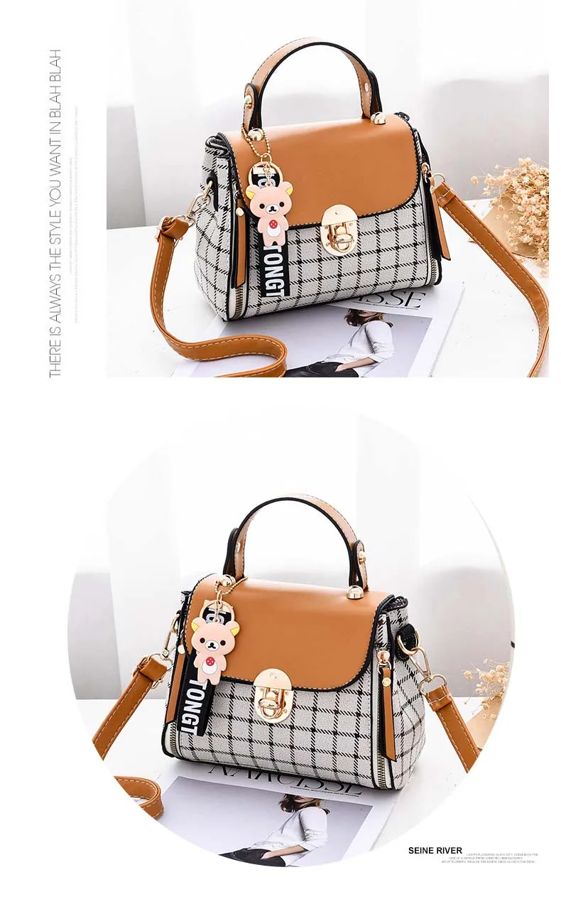 Women PU leather Plaid Bucket Handbag Fashion Panelled Small Printing Crossbody Shoulder Bag Female Elegant Bear Tote Purse Bags (10)