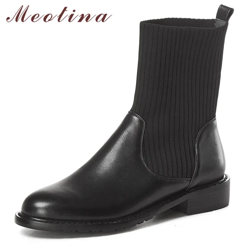 

Meotina Genuine Leather Chelsea Boots Women Real Leather Flat Ankle Boots Knitting Round Toe Sock Shoes Ladies Spring Size 34-39