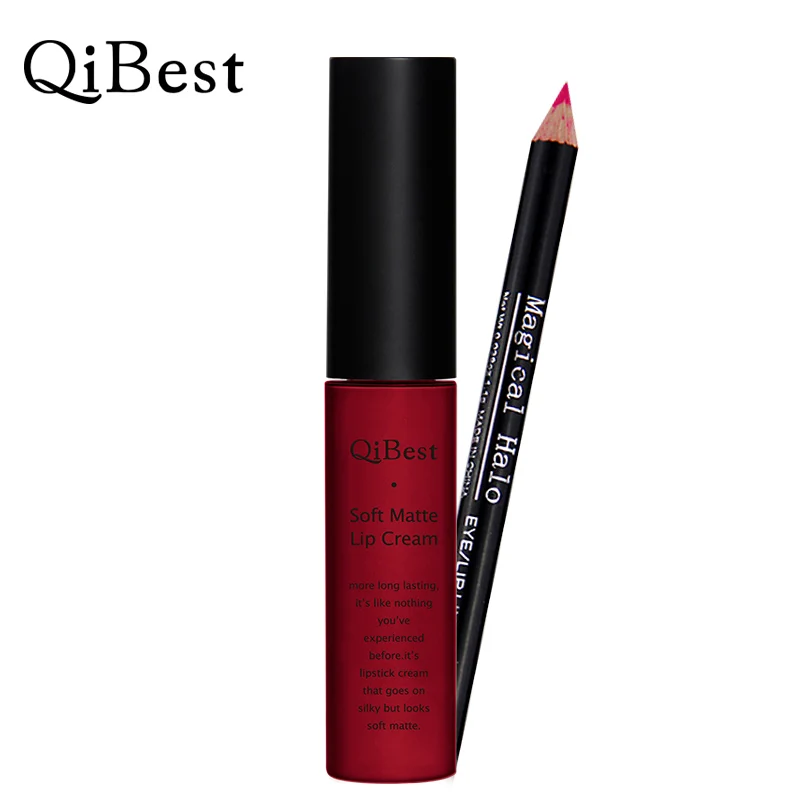 

QIBEST Brand Lip Makeup 2pcs/set Professional Waterproof Lipliner Pencil + Batom Matte Lote Liquid Lipstick Set Lip Gloss 4175