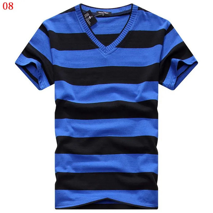 MwOiiOwM 2018 Мужская футболка с v-образным вырезом Мужская футболка с коротким рукавом Мужская Хлопковая полосатая футболка мужская одежда