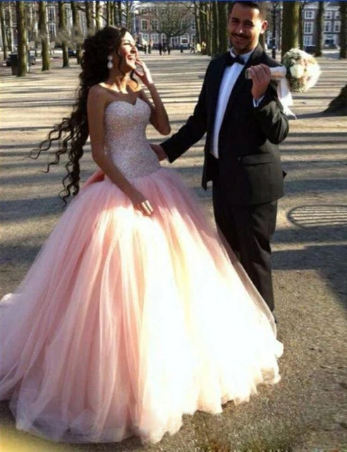 Beautiful Beaded Pink Ball Gown Wedding Dresses Strapless Dropped Beautiful Beaded Pink Ball Gown Wedding Dresses Strapless Dropped Tulle Colorful Dress Sparkly Bridal
