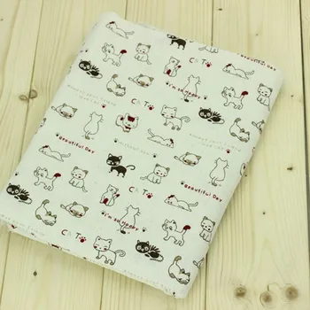 

1 Meter white bottom with cartoon cat print cotton llinen fabric, table cloth door curtain handmade DIY linen cloth CR-738