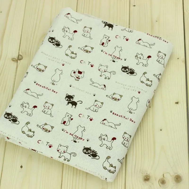 

1 meter white bottom with cartoon cat print cotton llinen fabric, table cloth door curtain handmade DIY linen cloth CR-738
