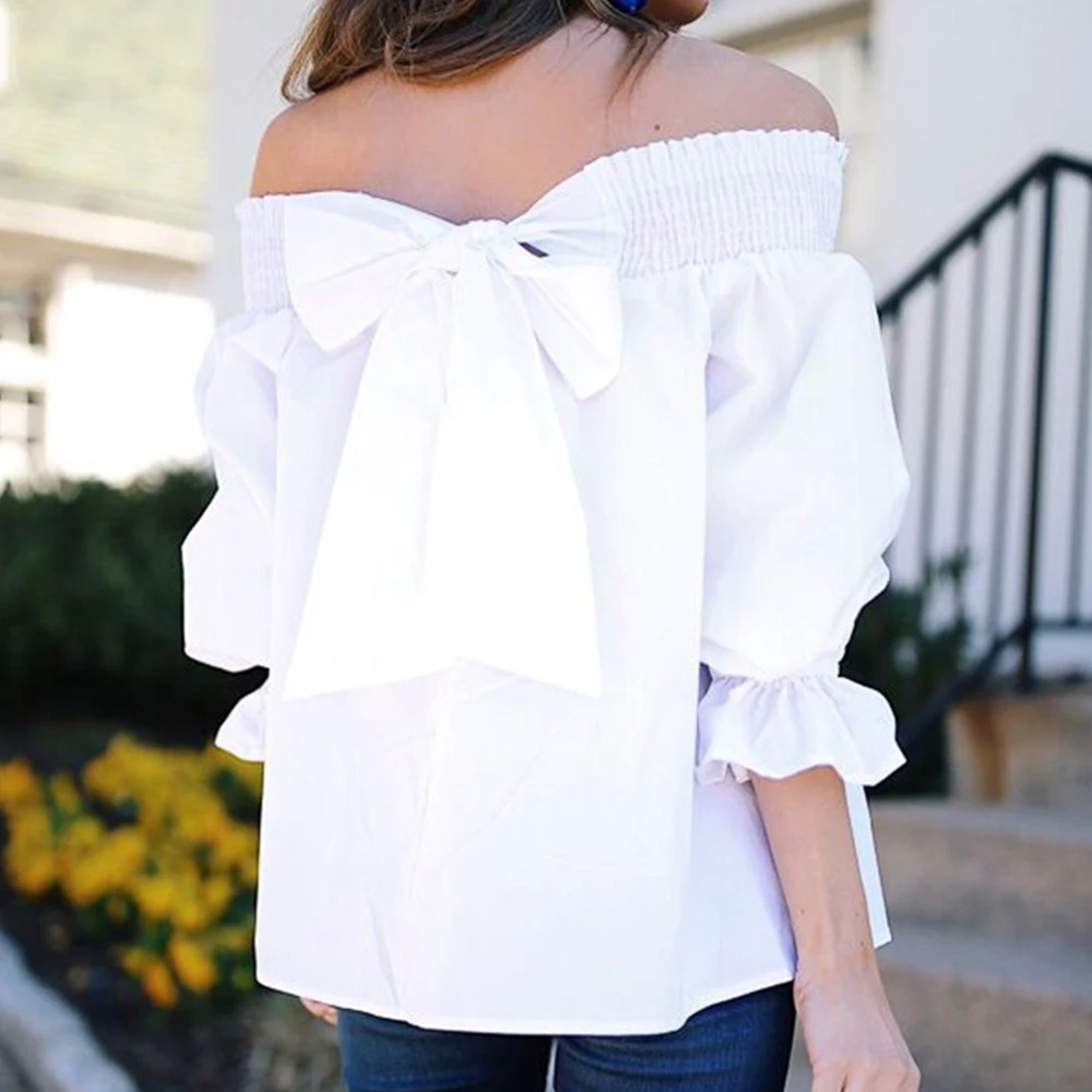 S-5XL كبيرة حجم إمرأة قمم و البلوزات عارضة فضفاض قبالة الكتف مائل الرقبة قمصان الصيف الخريف الأبيض بلوزة فام 2018