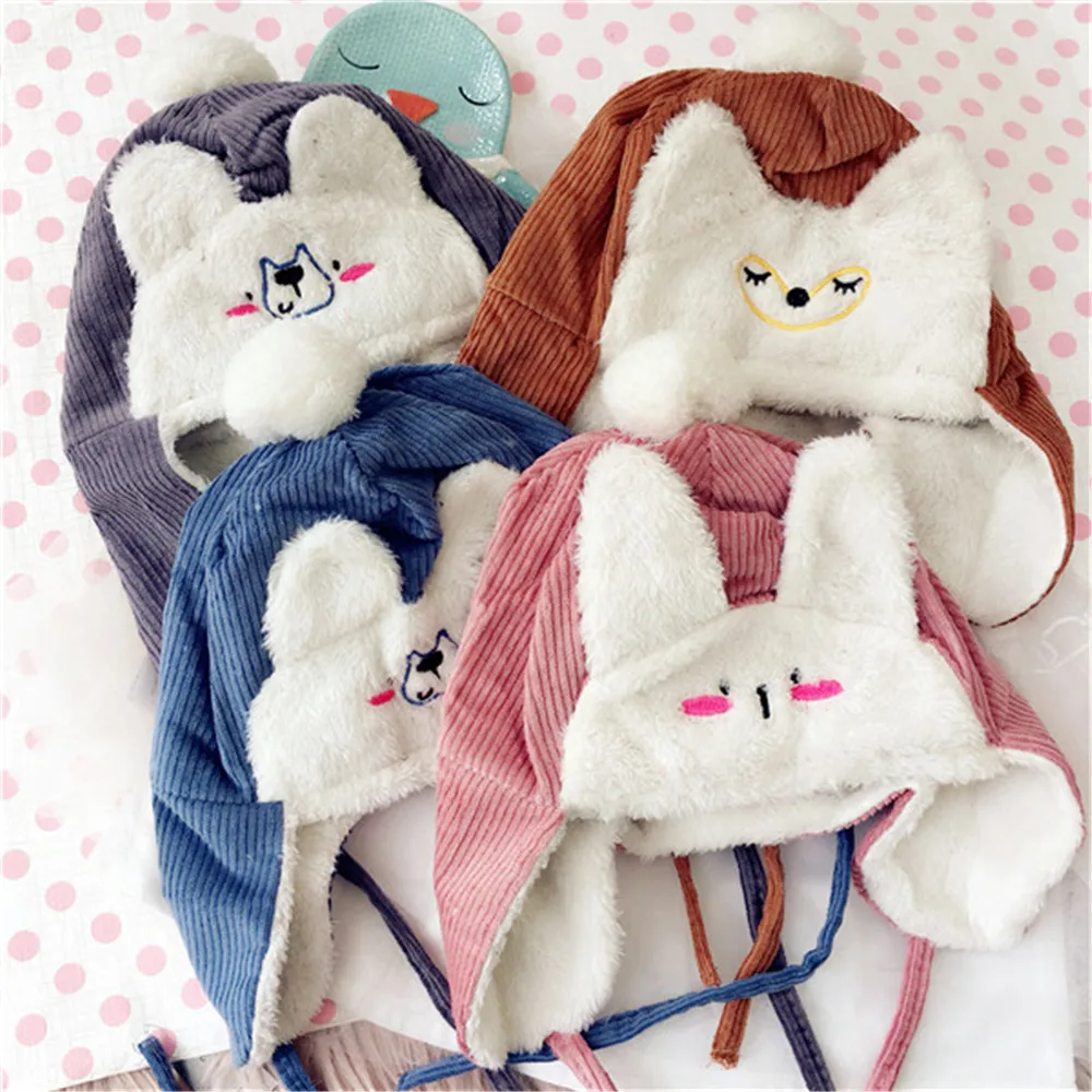 

Korea Fall Winter Handmade Solid Cartoon Fox Bear Rabbit Children Kids Skullies Beanies Hats Cartoon Caps Accessories