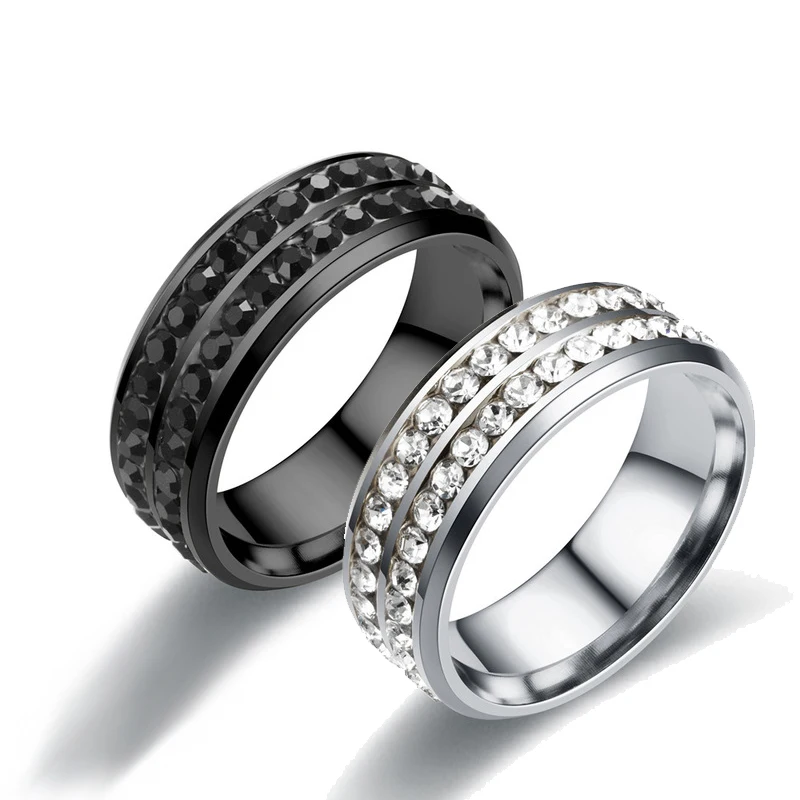 Titanium Stainless Steel Rings For Women Men Double Row Crystal Zircon