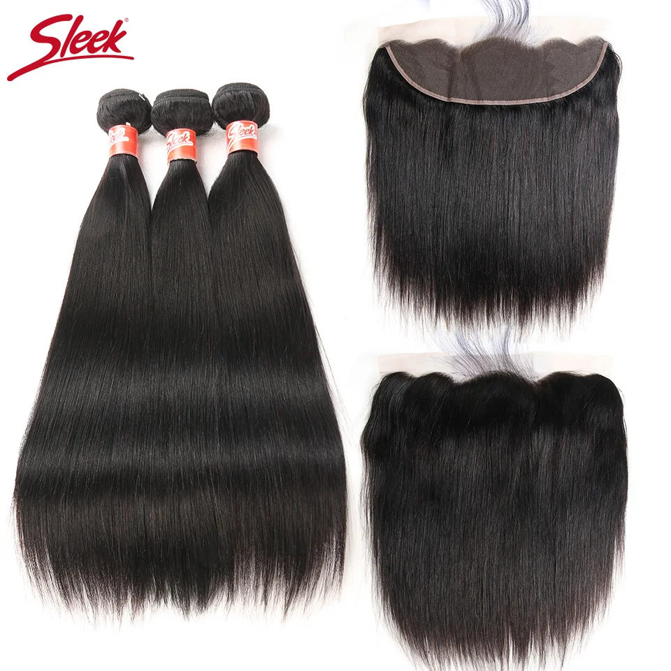 Sleek Brazilian Straight Lace Frontal Closure With Bundles 4 Pcs Free Ship Non Remy Human Hair Weave 3 Bundles With 13X4 Frontal