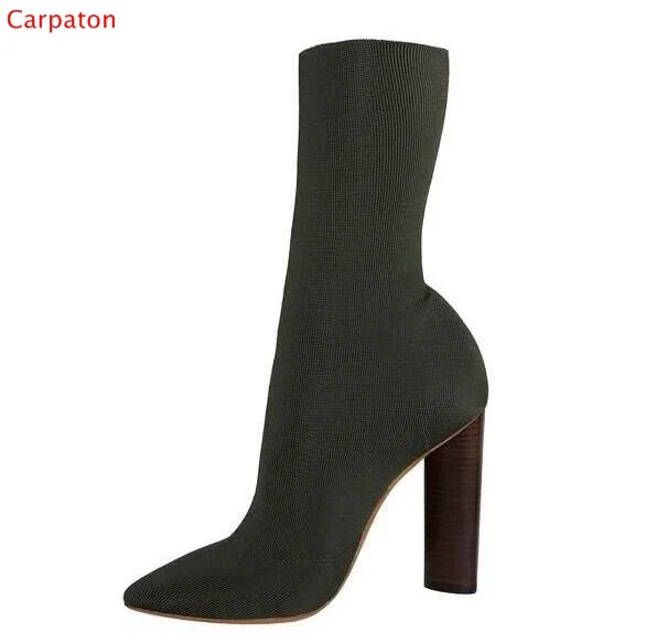 Bottes Tricot Armée Cheville Bloc Cher Stretch Femme Talons Vert Pas qtg54RW