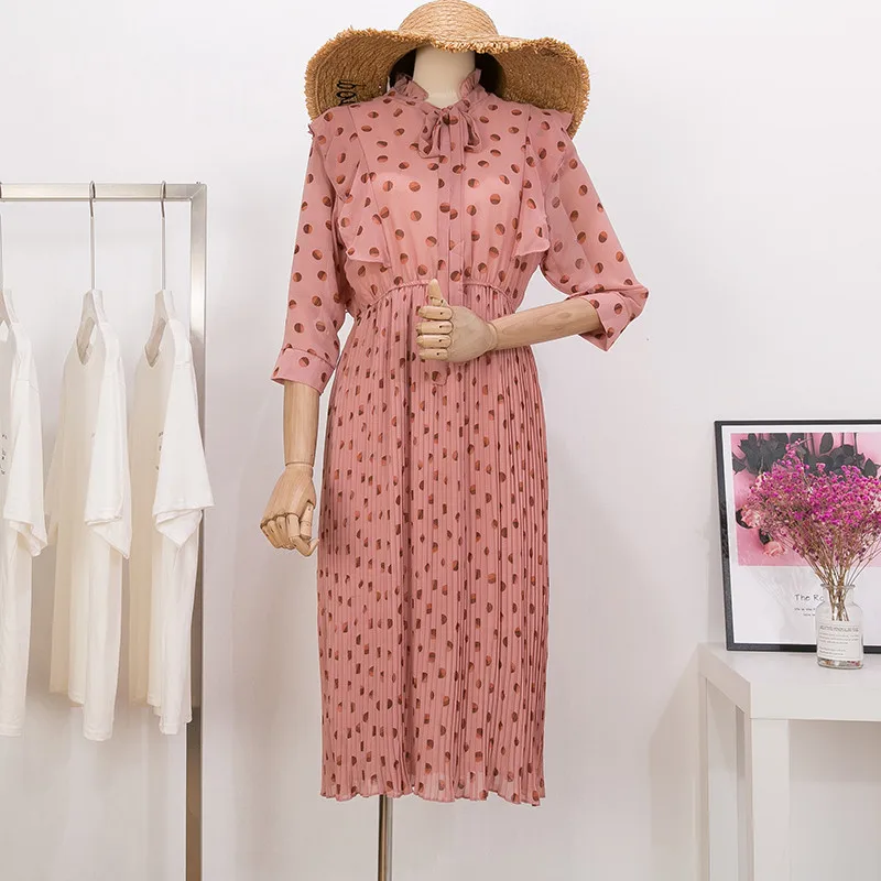 Французское модное платье с принтом в стиле ретро, Vestidos, рукав до локтя, гофрированное шикарное шифоновое платье, Vestidos, женское летнее праздничное плиссированное платье