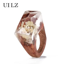 UILZ Fashion Handmade Rings Clear Resin Creative Real White Lotus Jewelry Vintage Red Wooden Ring For Woman Girl BWRP004