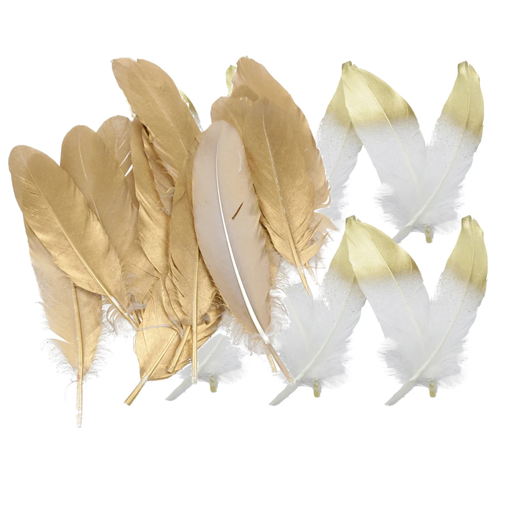 24 Pieces Natural Goose Feather for DIY Crafts Hat Making Paty Decoration 15-20cm White and Gold