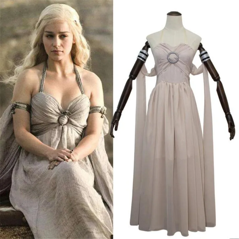 

Game of Thrones A Song of Ice and Fire Daenerys Targaryen Cosplay Costume Halloween Christmas Party Wig Grey White Long Dress