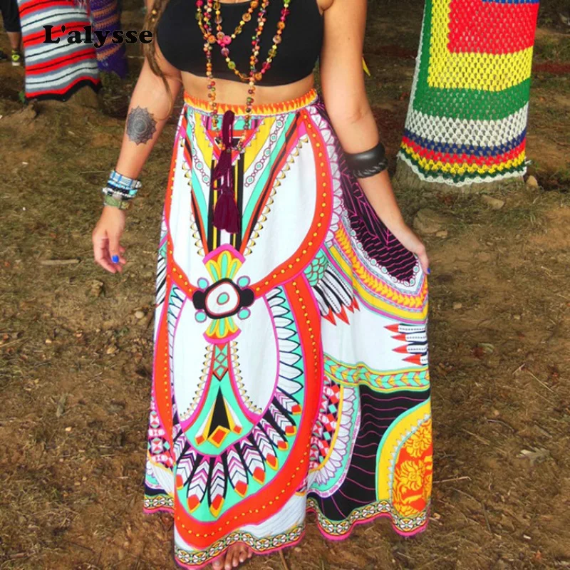 

LALYSSE Women Skirt Thailand Wind Long Skirt Printed Summer Long Hippie Bohemian Gypsy Boho Flowers Waist Floral Halter Skirt 2
