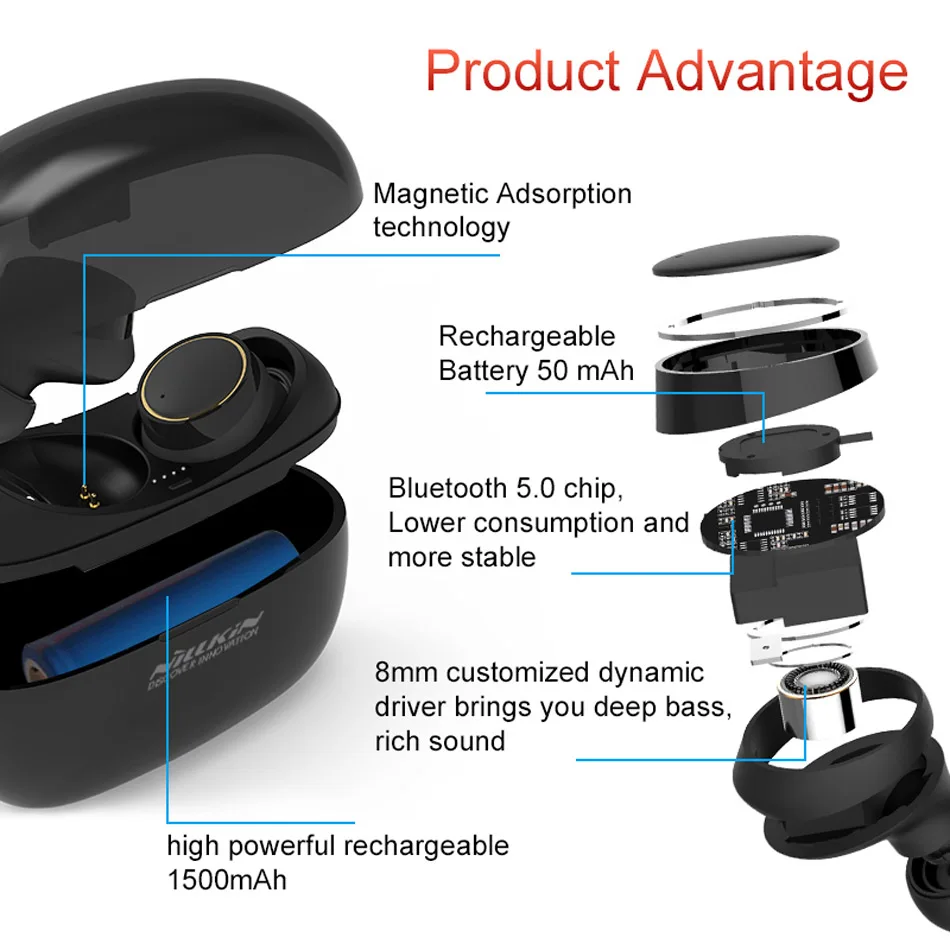 Bluetooth Earphones NILLKIN HD Stereo Wireless Headset Waterproof Sports Earbuds Gaming For Huawei P30 TWS Bluetooth Earphones (3)