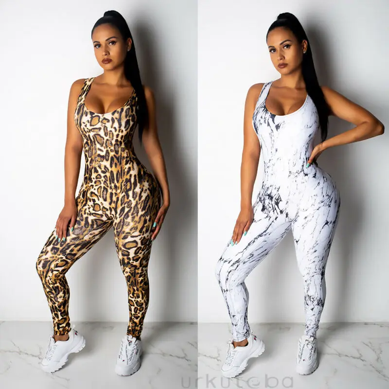 

Womens Casual Leopard Backless Sleeveless Stretchy Jumpsuit Fitness Legging Sports Workout Gym Athletic Palysuit Romper S M L XL