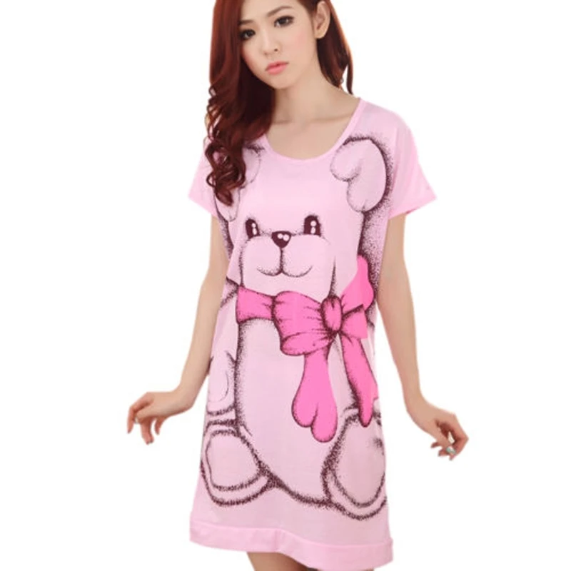 Летние женские ночные рубашки с коротким рукавом, милые пижамы с рисунком медведя из мультфильма