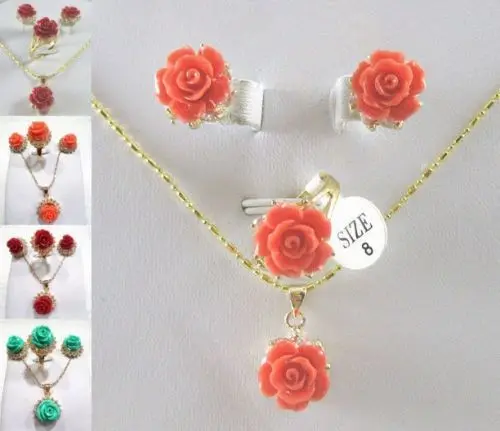 

Miss charm Jew.329 5 color-lovely carved pink/red flower coral/turquoise bead earring pendant ring can choose