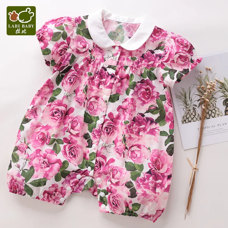 

Rose Flower Baby Girl Rompers Ropa De Bebe Cotton Floral Single Breasted Short O-Neck One-piece Newborn Kids Clothes