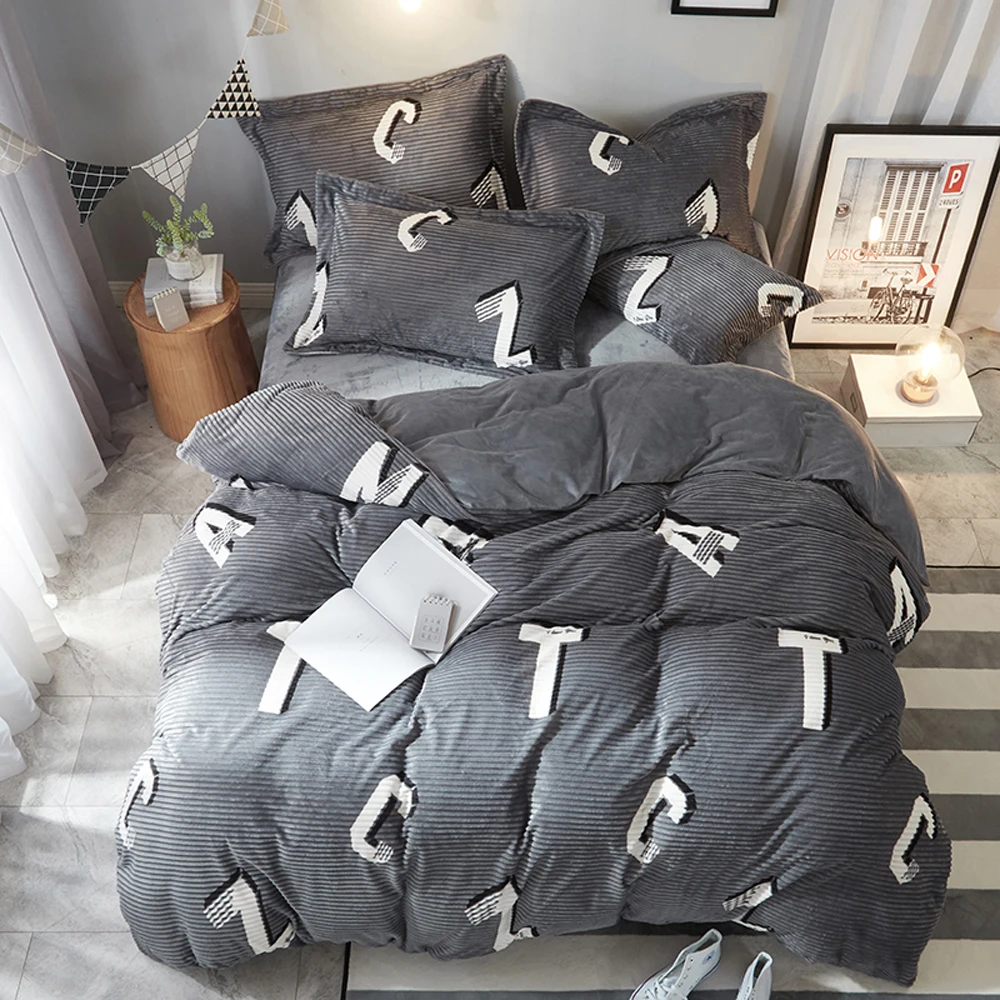 

2018 English Letters Grey Stripes Bed Covers Microfiber Fleece Bedding Sets Winter Thick Warm Queen King Size Duvet Cover Set
