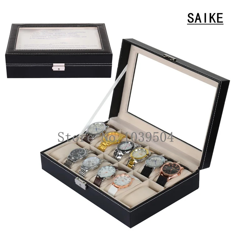 Free Shipping Lateral Lock 12 Grids Brand Watches Box Black Brand Watch