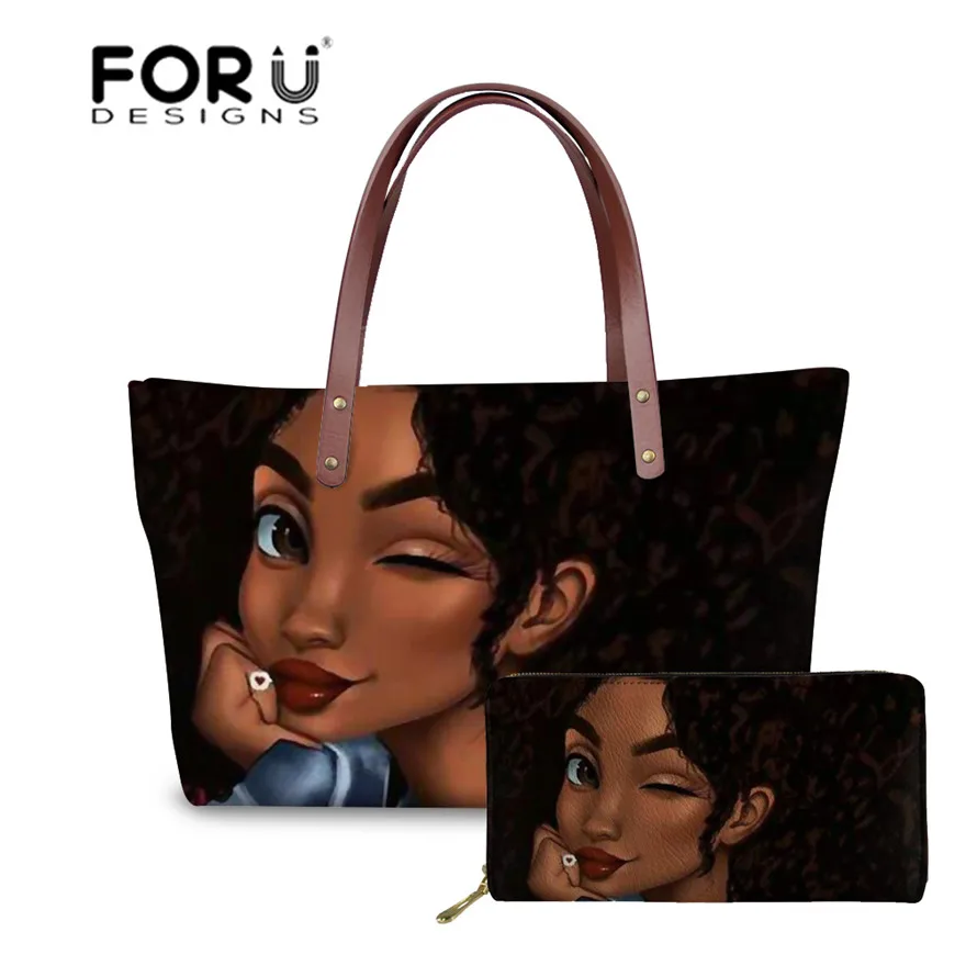 FORUDESIGNS العلامة التجارية الفاخرة حقائب يد تصميم عال النساء السود الفن الأفريقي فتاة الطباعة 2 قطعة/المجموعة اليد حقيبة و محفظة الإناث أعلى-حقا... FORUDESIGNS العلامة التجارية الفاخرة حقائب يد تصميم عال النساء السود الفن الأفريقي فتاة الطباعة 2 قطعة/المجموعة اليد حقيبة و محفظة الإناث أعلى-حقا...