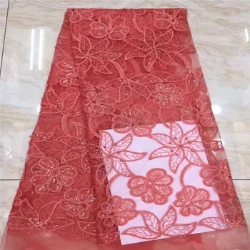 

Red African Lace Fabric For Wedding Dress High Quality French Lace Fabric With Sequins And Beads Fashion Nigerian Lace Fabrics