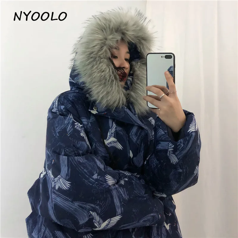 NYOOLO зимние теплые пальто с принтом журавлей уличная Свободная куртка большим