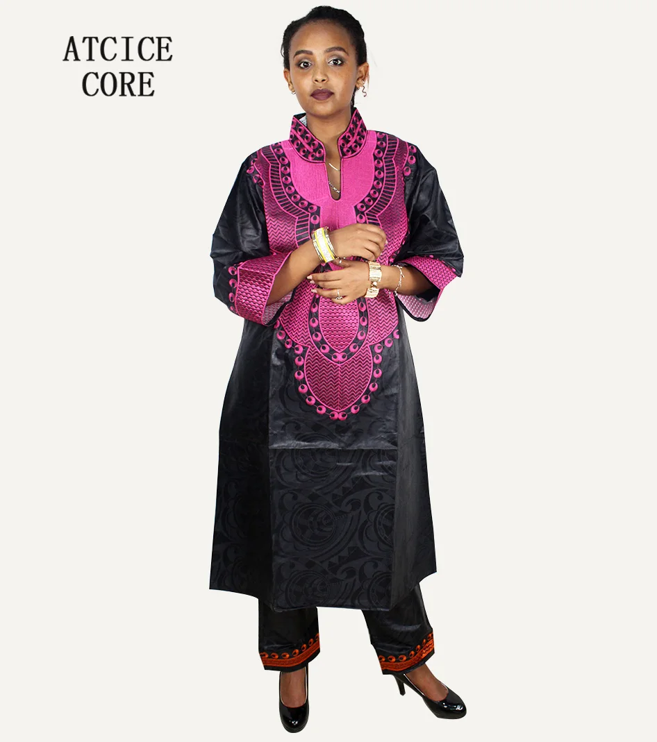 Африканский базин вышитый дизайн платье Топ со штанами и шарфом Комплект из трех предметов