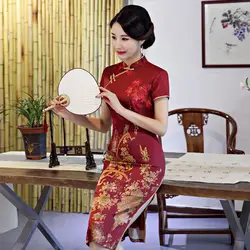 Новинка 2019 г. Модные по колено Cheongsam Лето китайский стиль воротник стойка платье Женские район Qipao Тонкий платья для вечеринок Vestido